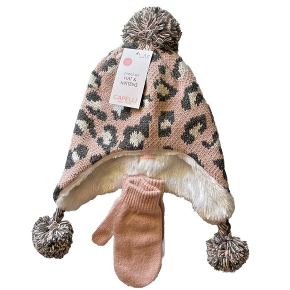 Capelli New York 2 Piece Hat and Mitten Set NWT Size 2T-4T Leopard Print Hat Pom - Picture 1 of 5
